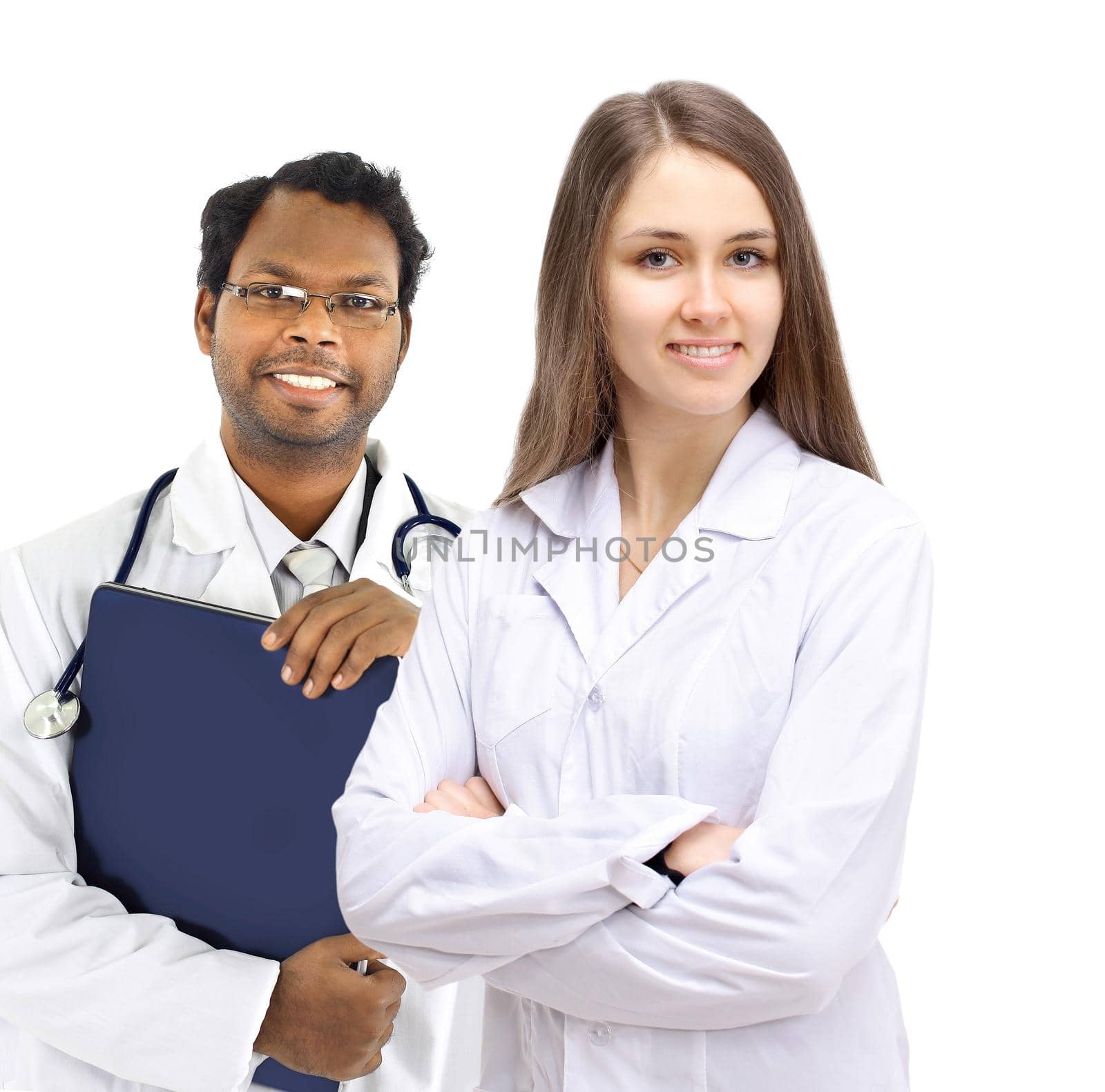 Girl doctor vmese with his assistant smiling at Beom background