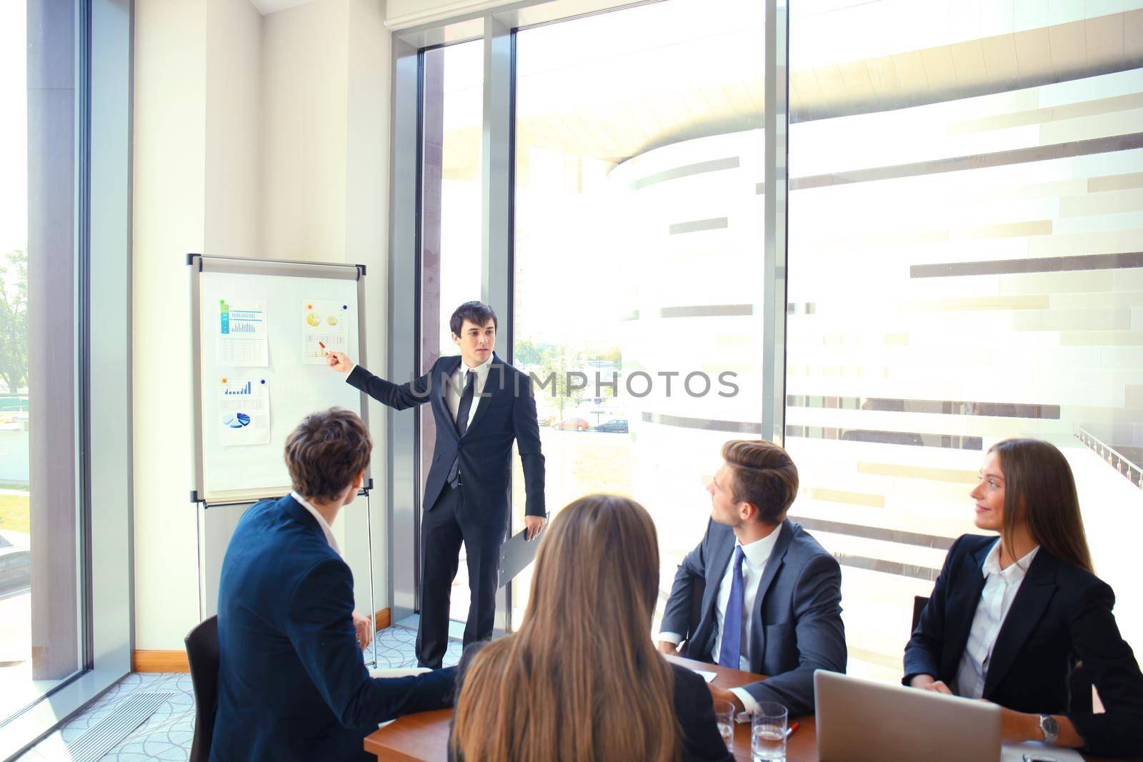 business conference presentation with team training flipchart office