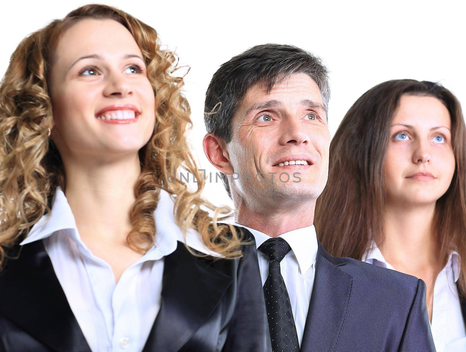 Group of friendly businesspeople with happy female leader in front