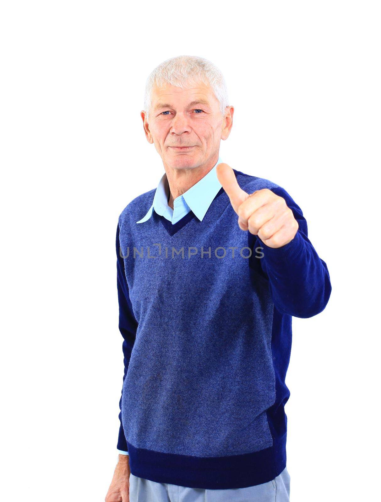 Happy mature man showing a thumbs up on white