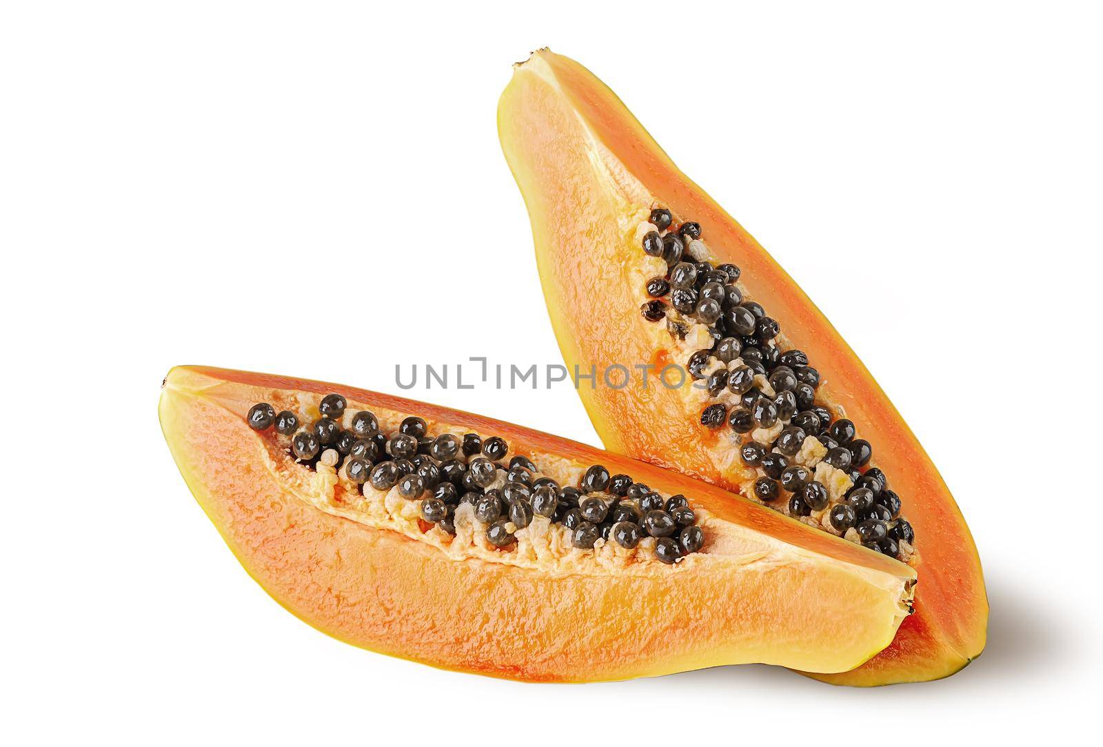 Two quarters of ripe papaya one after another isolated on white background