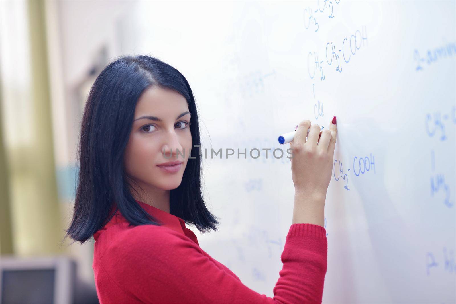 happy collage  school girl student portrait in  classroom and library