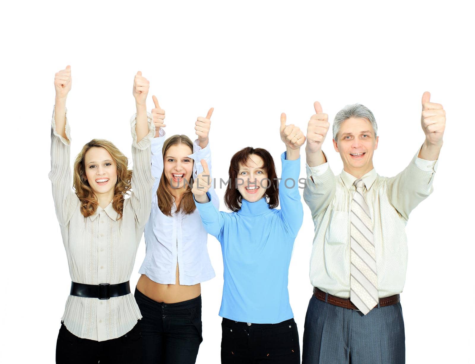 Beautiful businesswoman holding a hand with fingers upwards. Isolated on white background.