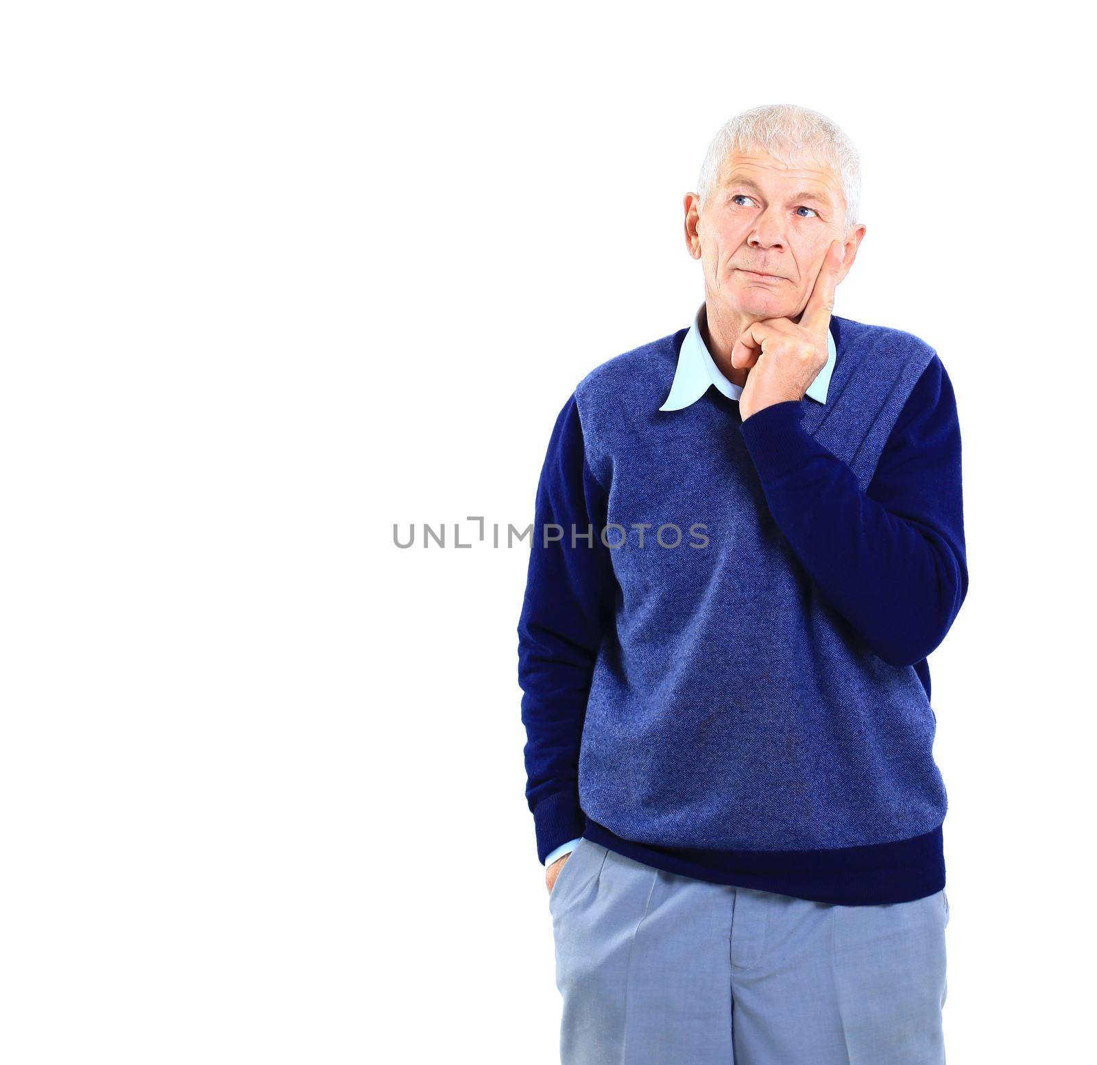 Portrait of an old business executive lost in deep thought against white background