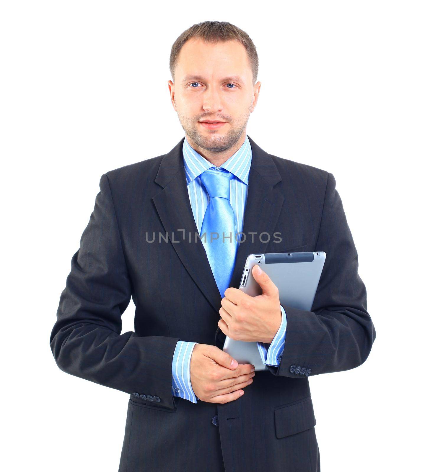 Portrait of a businessman with a tablet computer against a white background by tsyhun