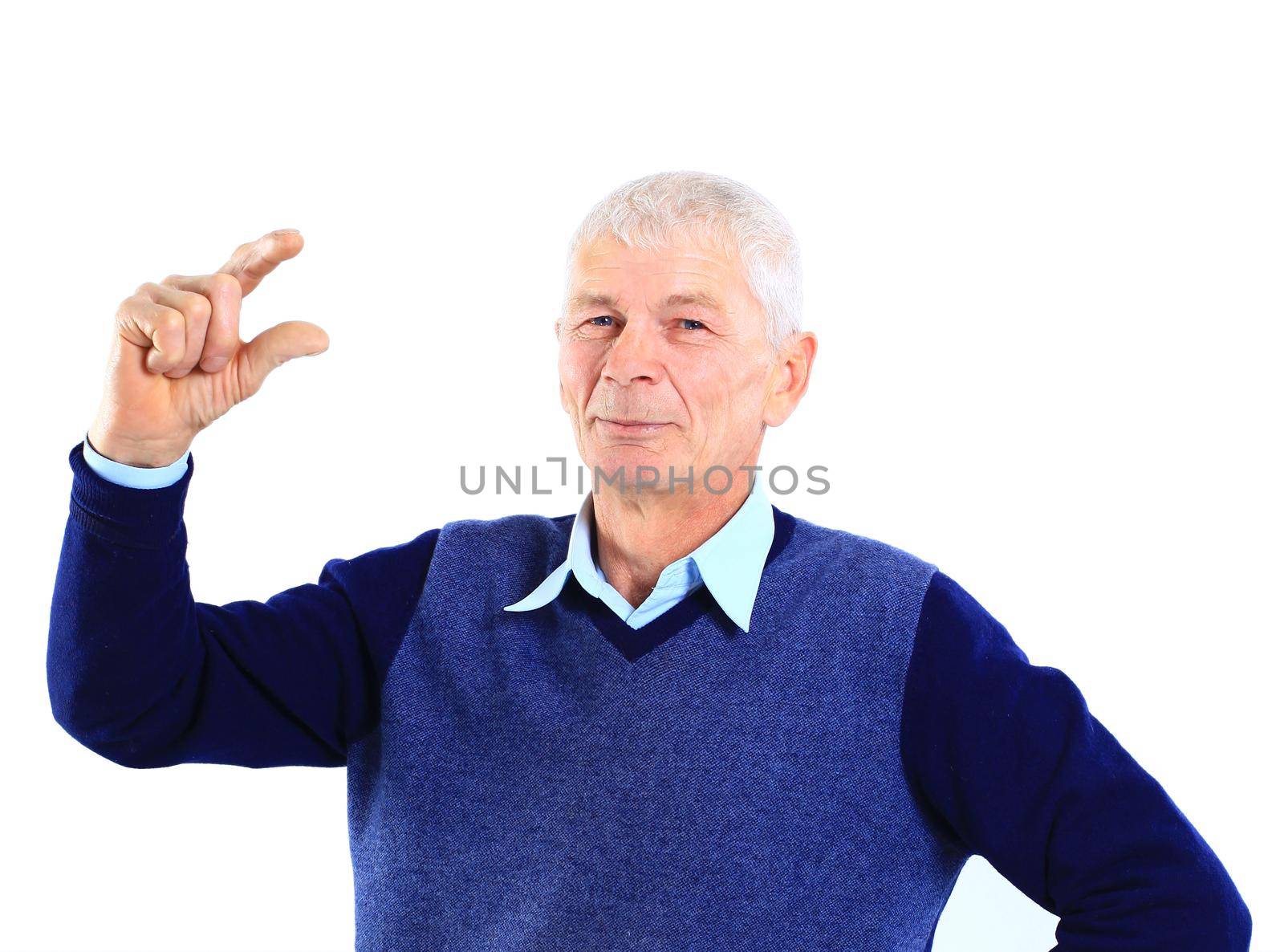 Portrait of an old man holding something imaginary in his hands on white