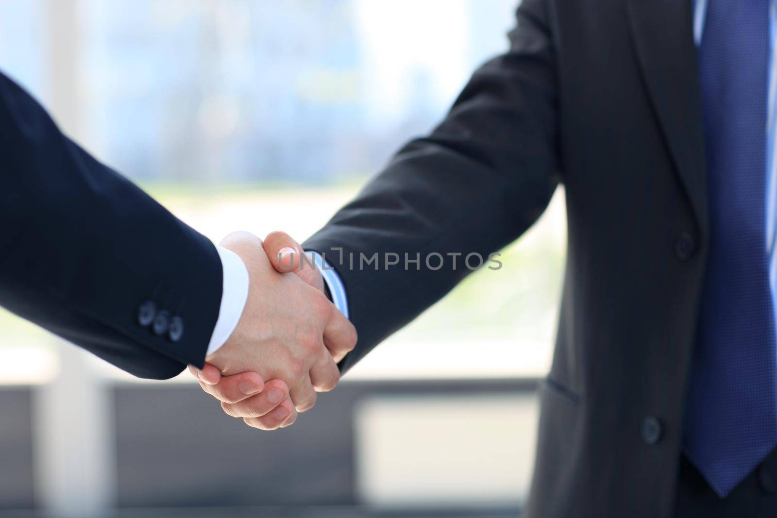 Closeup of a business hand shake between two colleagues by tsyhun