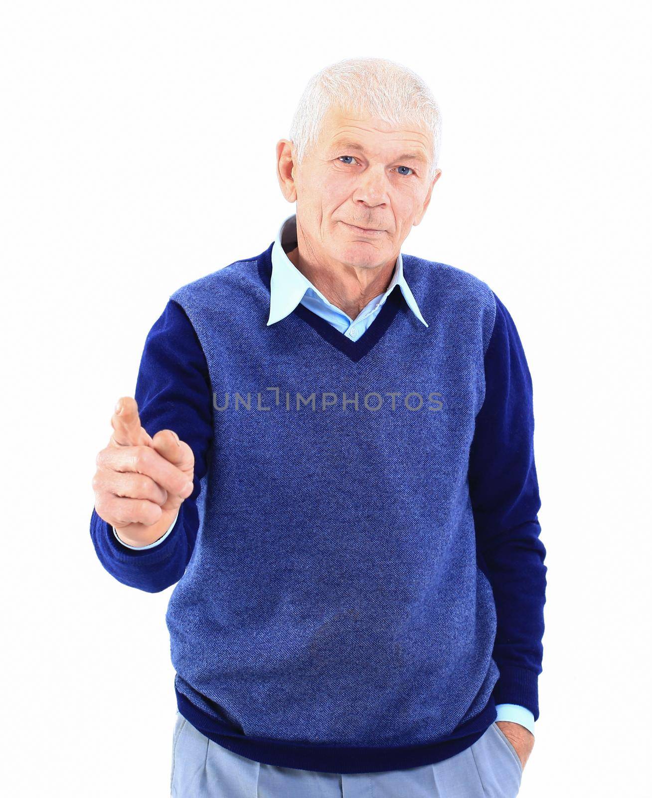 Portrait of a happy mature man showing a thumbs up on white by tsyhun