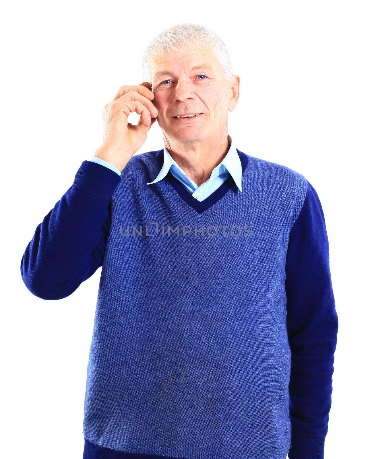 Portrait of an old business executive lost in deep thought against white background. by tsyhun