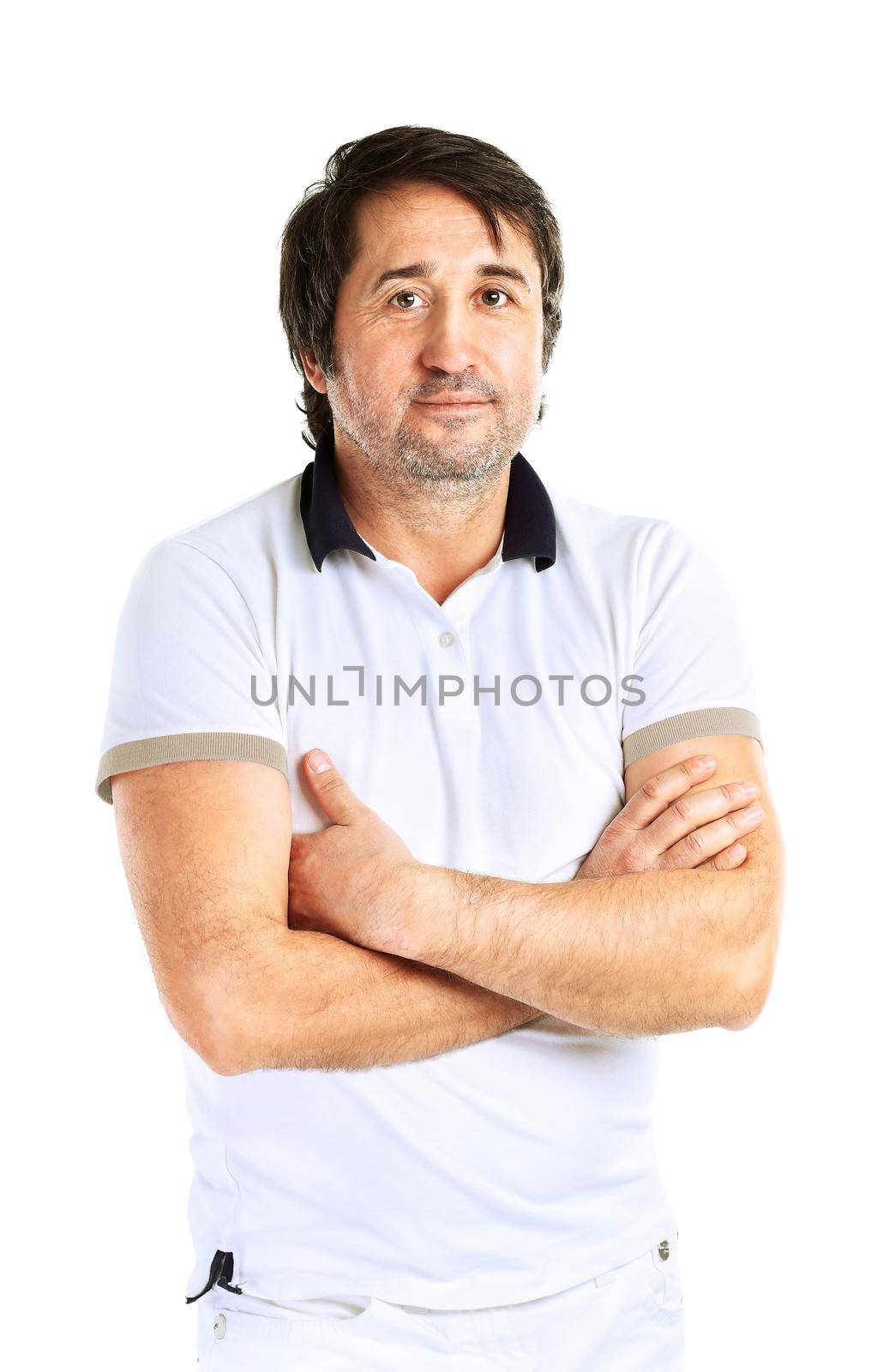 Portrait of happy smiling business man, isolated over white background