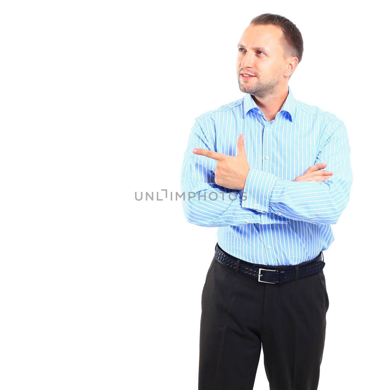 Portrait of an handsome businessman looking and pointing his finger up by tsyhun