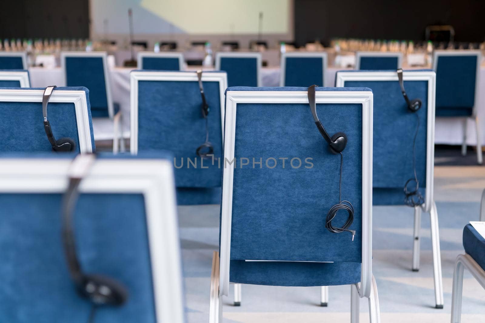 interior of big modern conference room before starting a business seminar