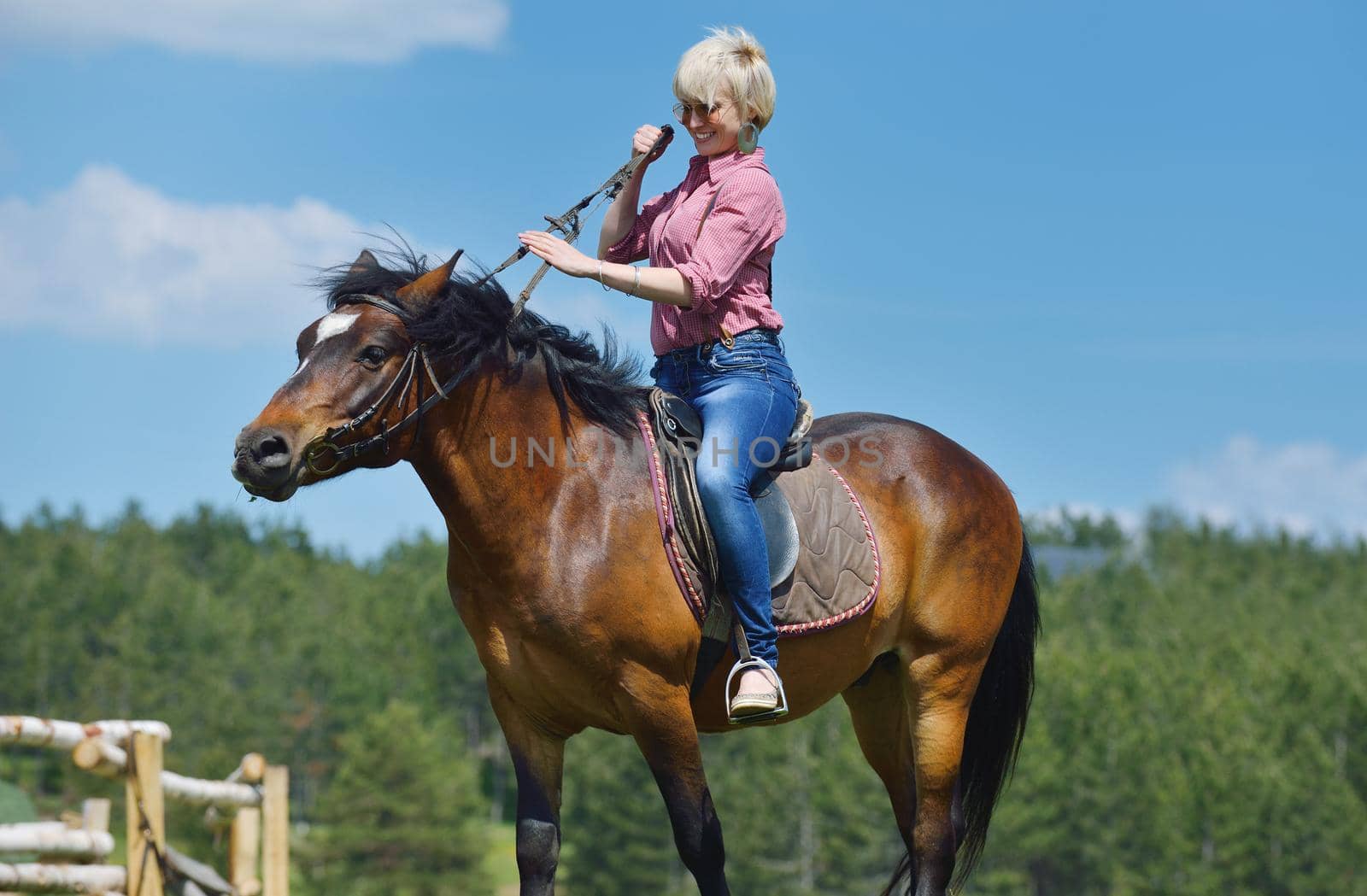 happy woman in sunglasses sitting on horse farm animal outdoors with blue sky in background