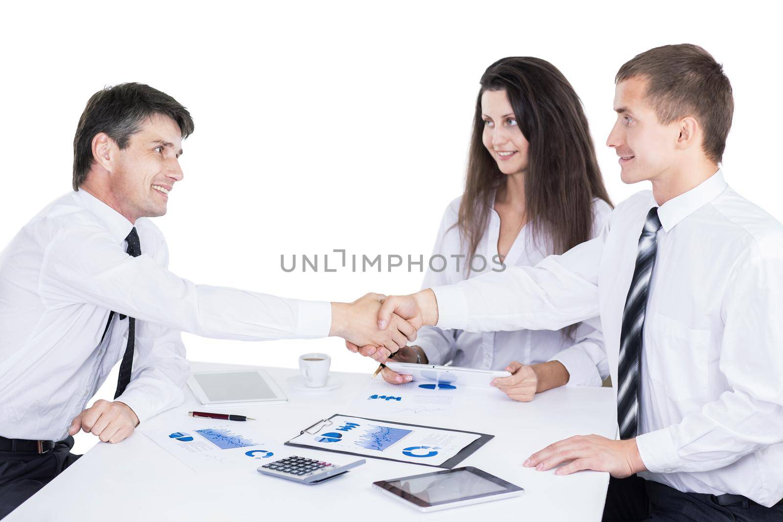 Meeting business partners handshake. Group of successful businessmen on white background