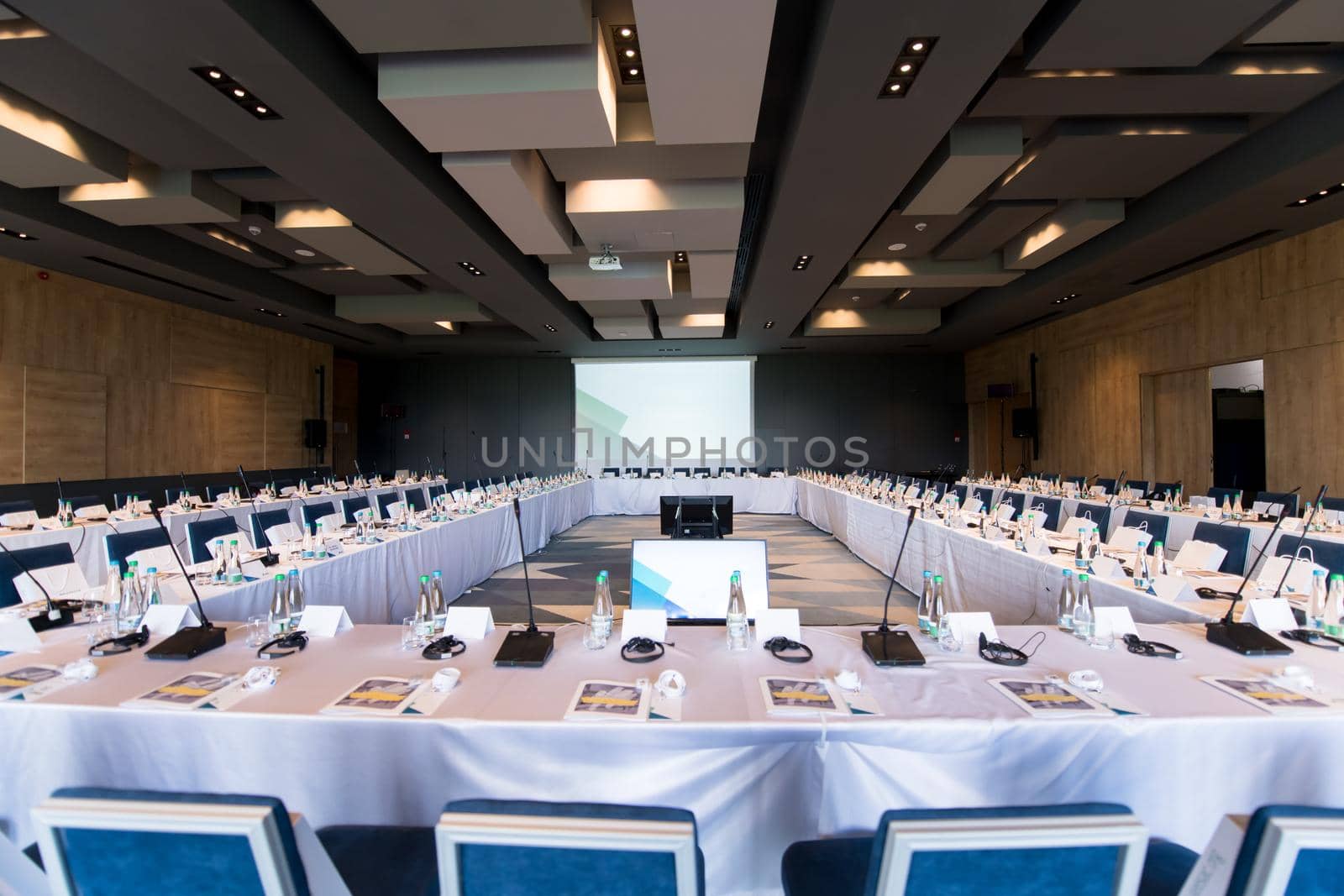 interior of big modern conference room before starting a business seminar