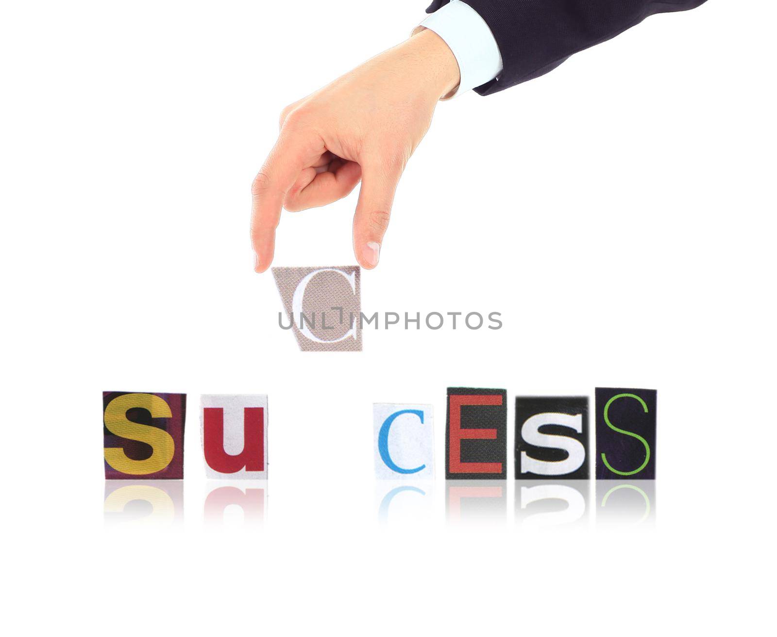 Hand and word Success isolated on white background