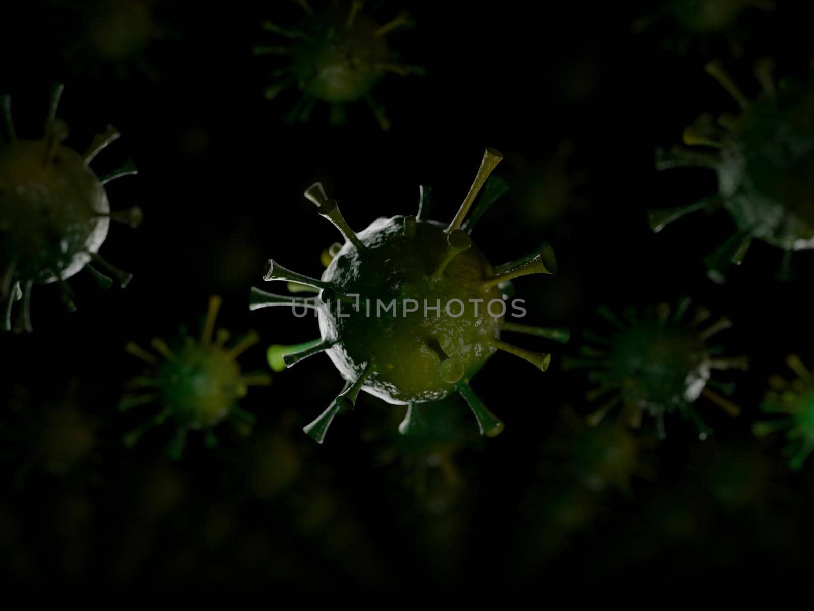 black banner with green breaking apart coronavirus molecule. . High quality photo