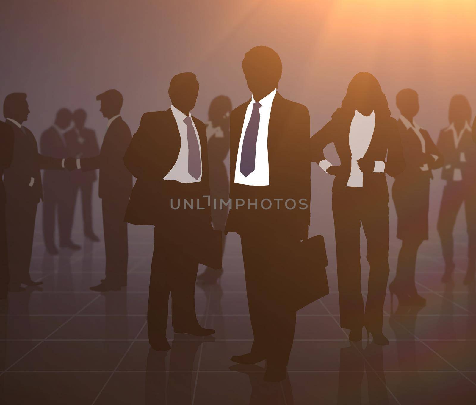 Contour of businessmen discussion and work in the office in front of the sun black background