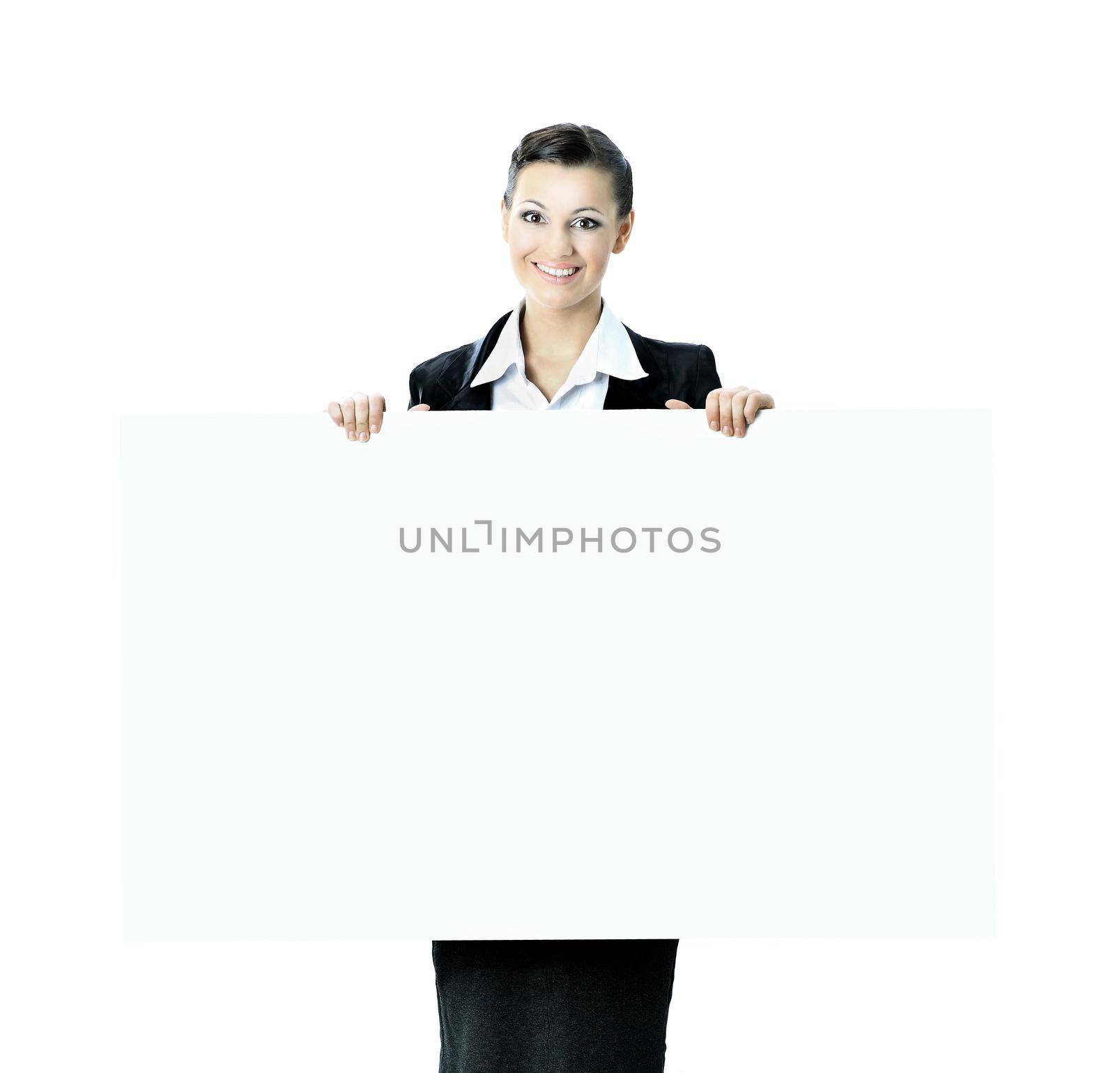 Beautiful business woman with a white banner. Isolated on a white background.