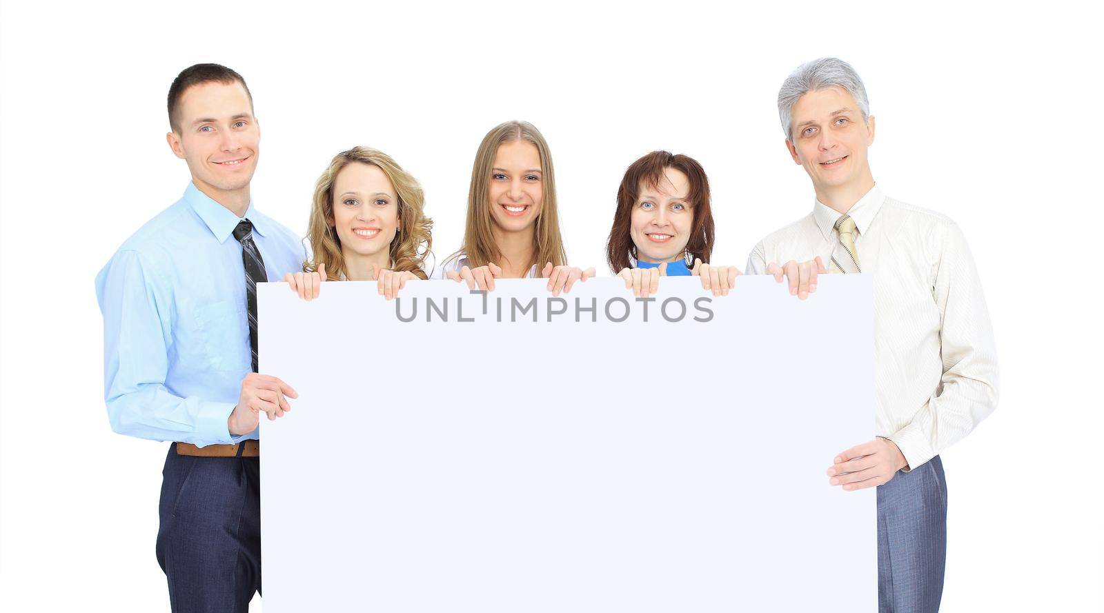 group of business people holding a banner ad isolated on white