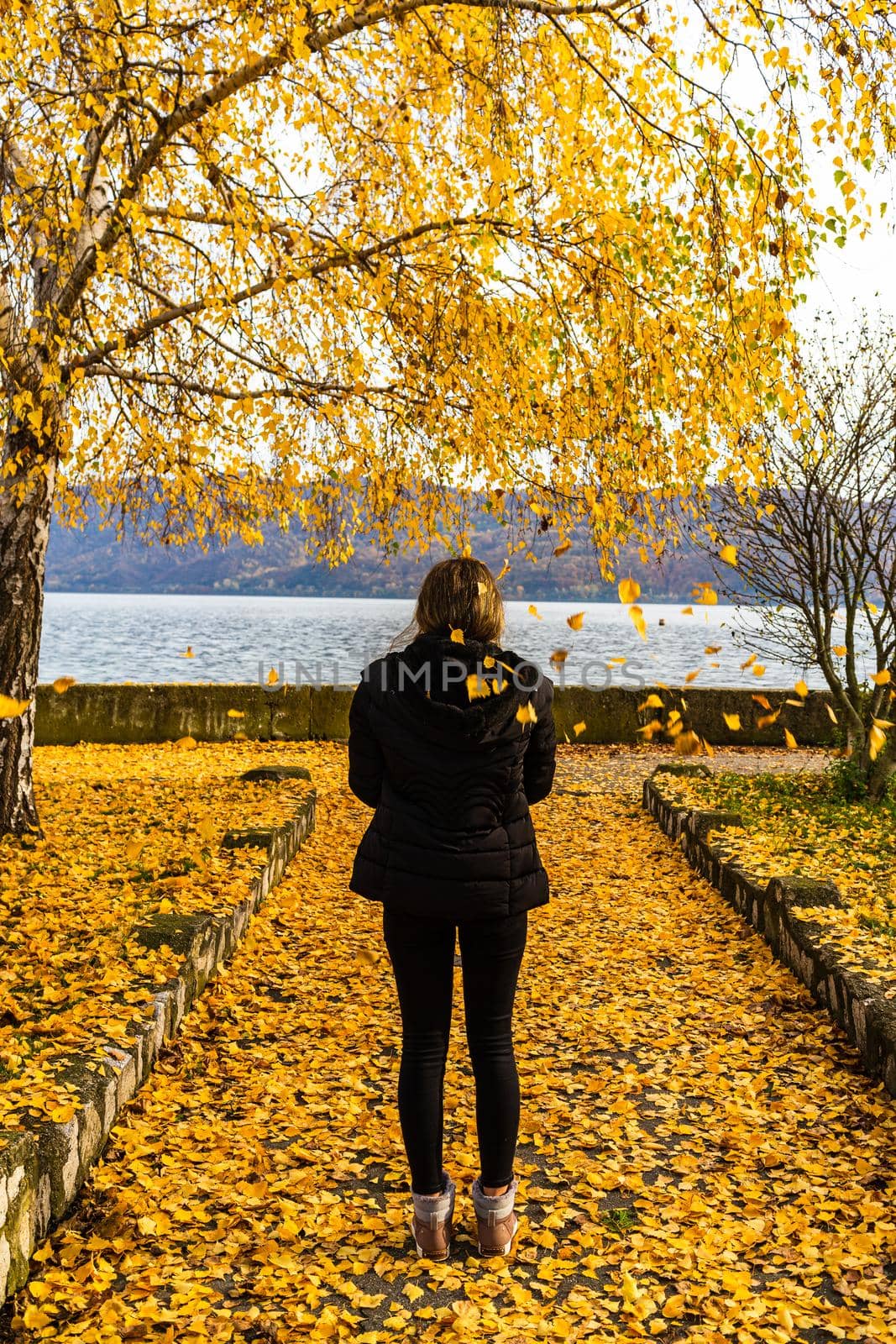 Autumn leaves fallen on alone woman walking on the autumn alley. Autumn landscape, orange foliage in a park in Orsova, Romania, 2020