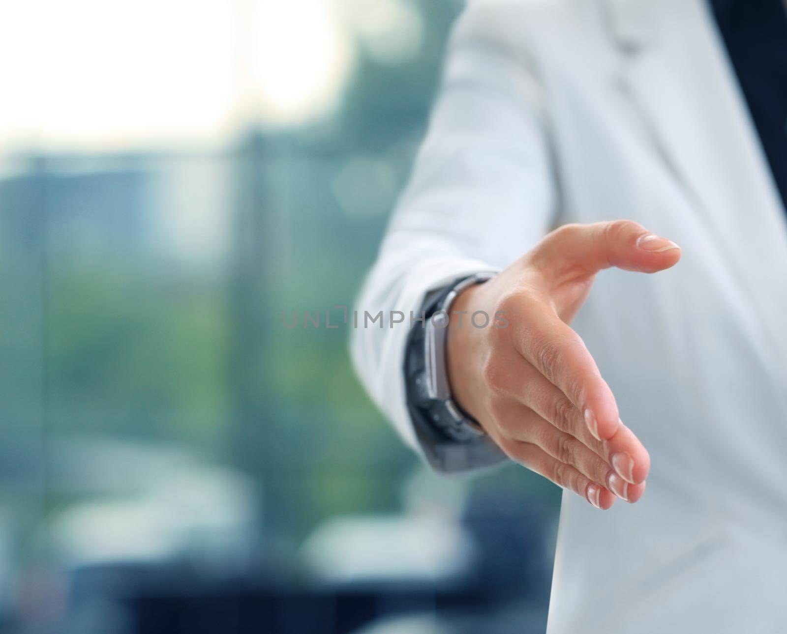 Midsection of a businesswoman with an open hand ready to seal a deal by tsyhun