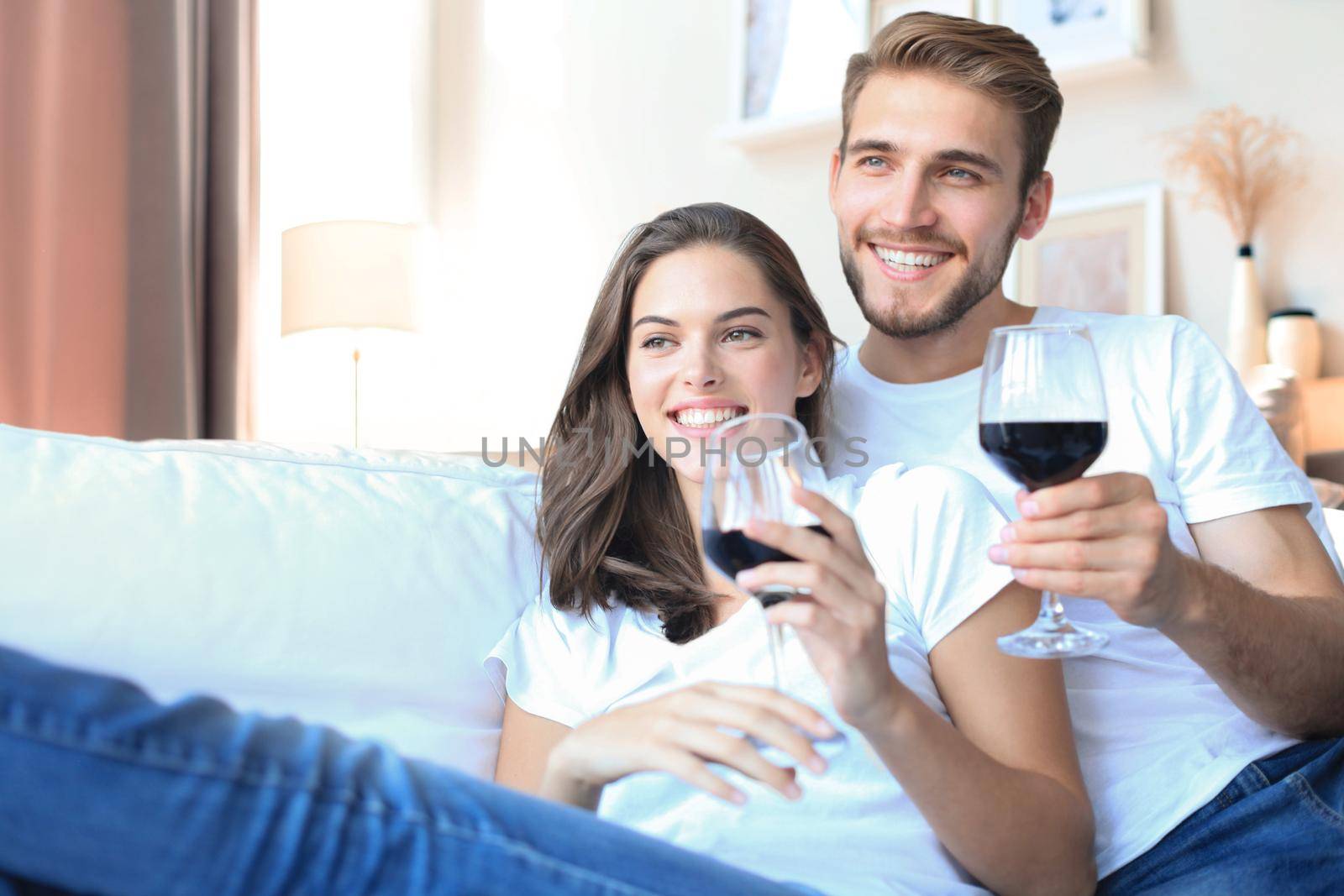 Happy couple sitting, relaxing on couch in living room, using laptop for online shopping together, watching movie, drinking red wine