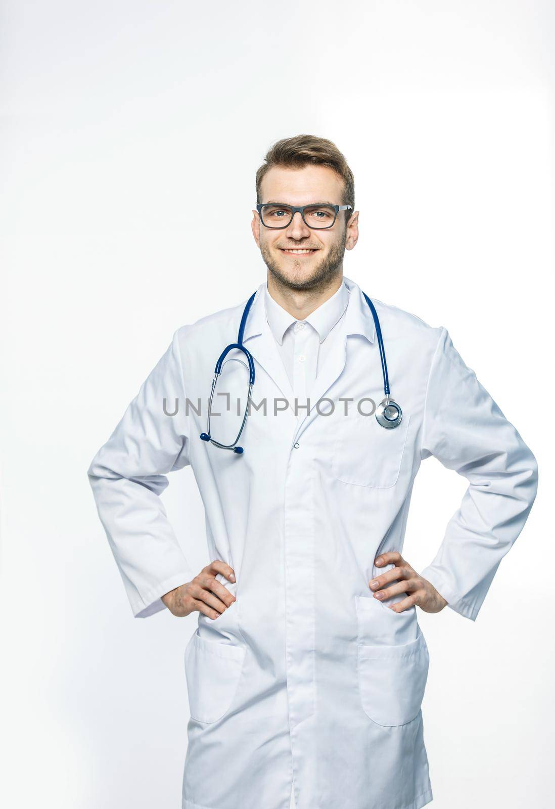 family doctor with stethoscope on white background.the photo has a empty space for your text.