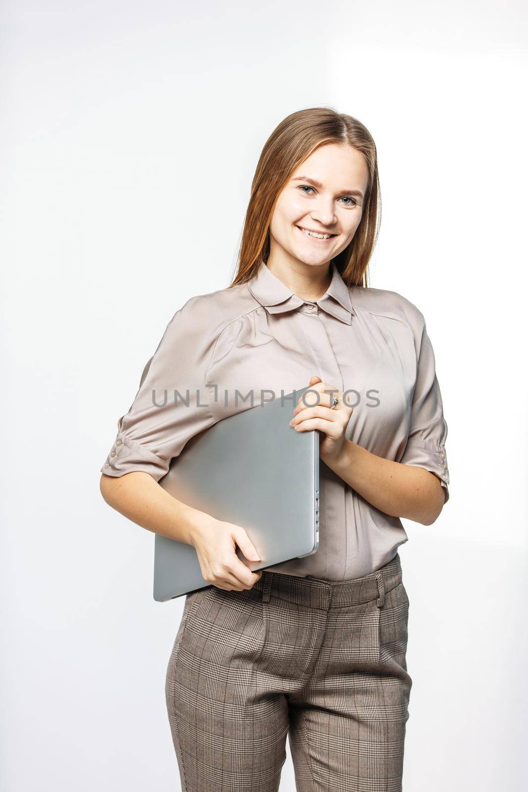 woman administrator with laptop on white background.the photo has a empty space for your text.