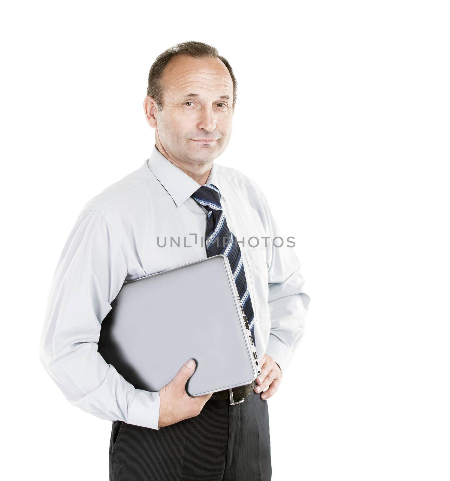 closeup of a business expert in a shirt and tie with a laptop under his arm, on a white background. the photo has a empty space for your text
