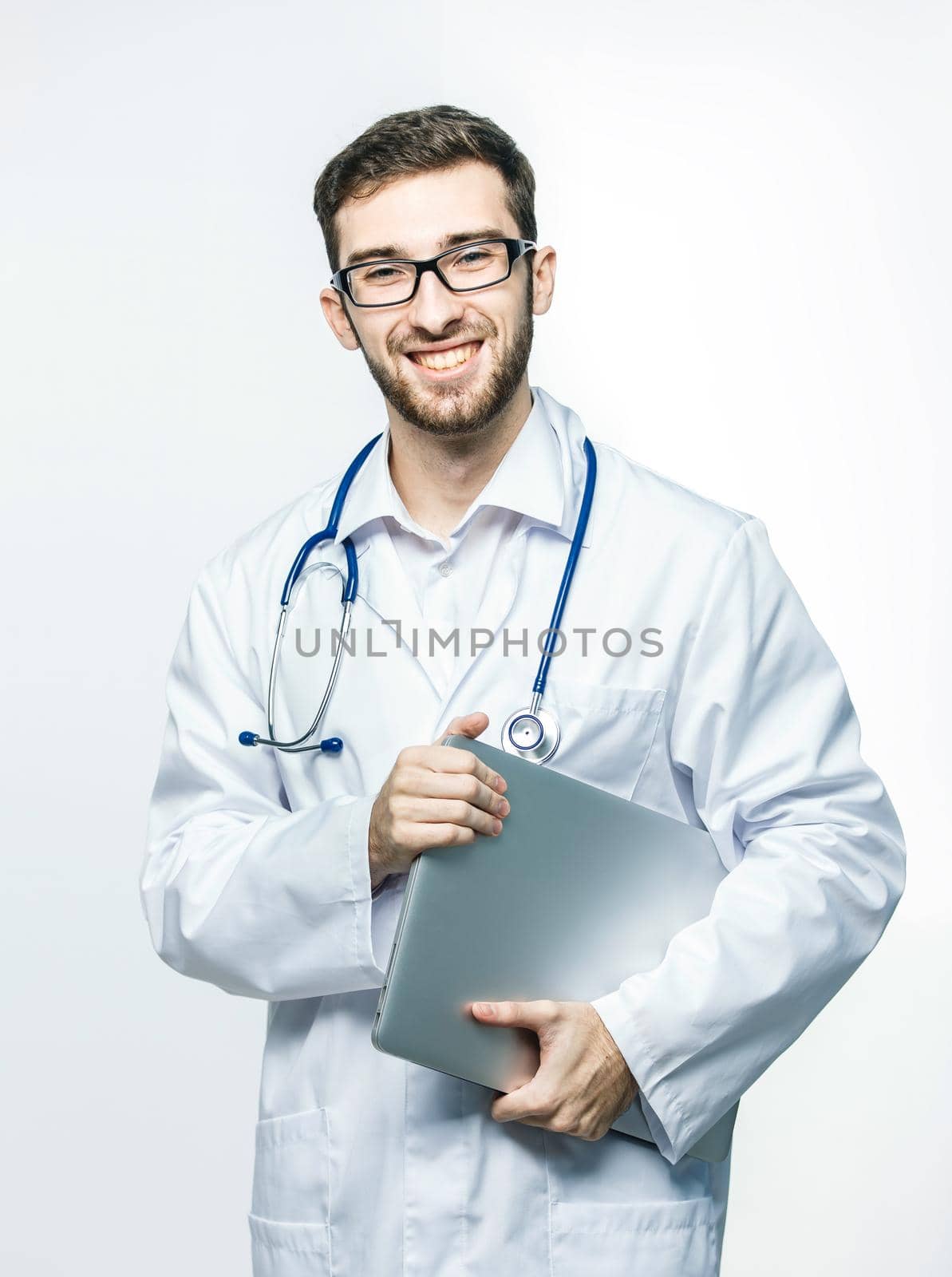 experienced therapist with stethoscope on white background.the photo has a empty space for your text.
