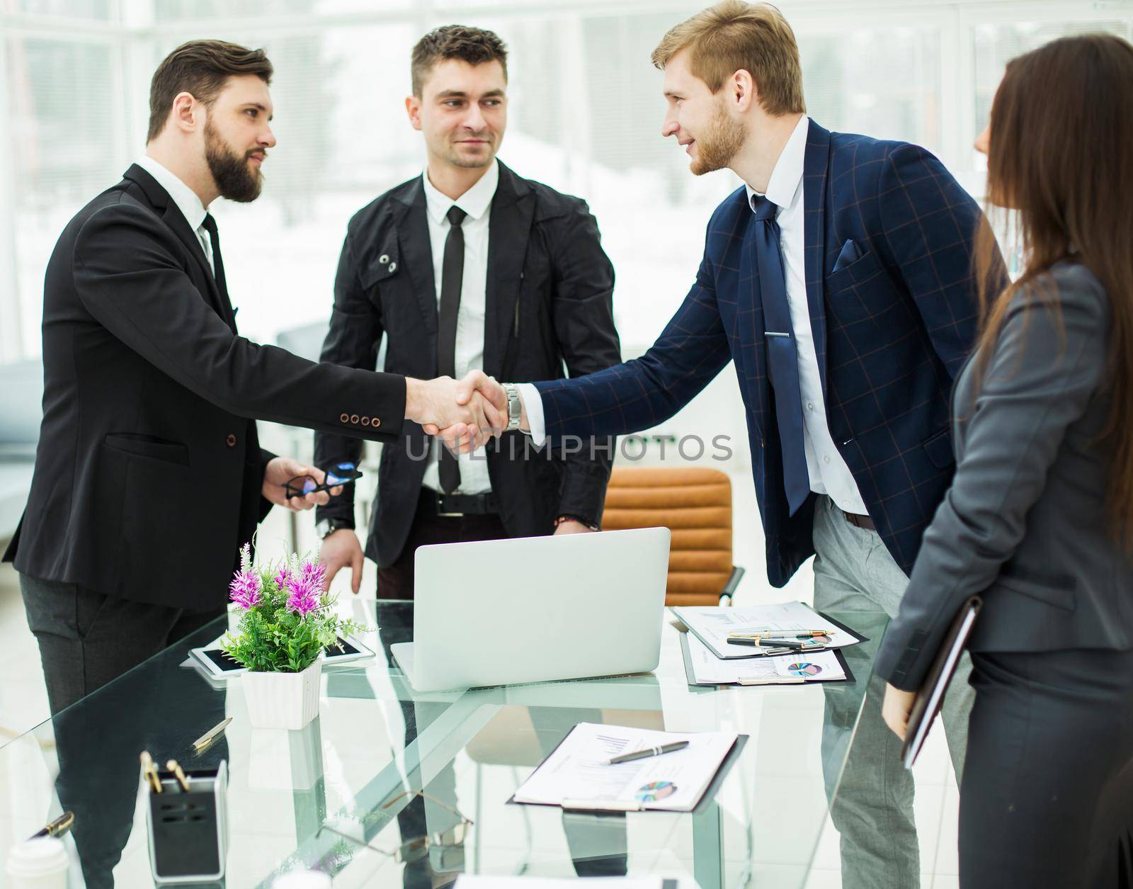 members of the business team and the handshake of the Manager and the client prior to conclusion of contract in a modern office.