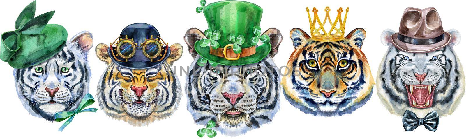 Watercolor illustration of tigers with with green hat, bowler hat with goggles, green leprechaun hat, gold crown and mens brown hat