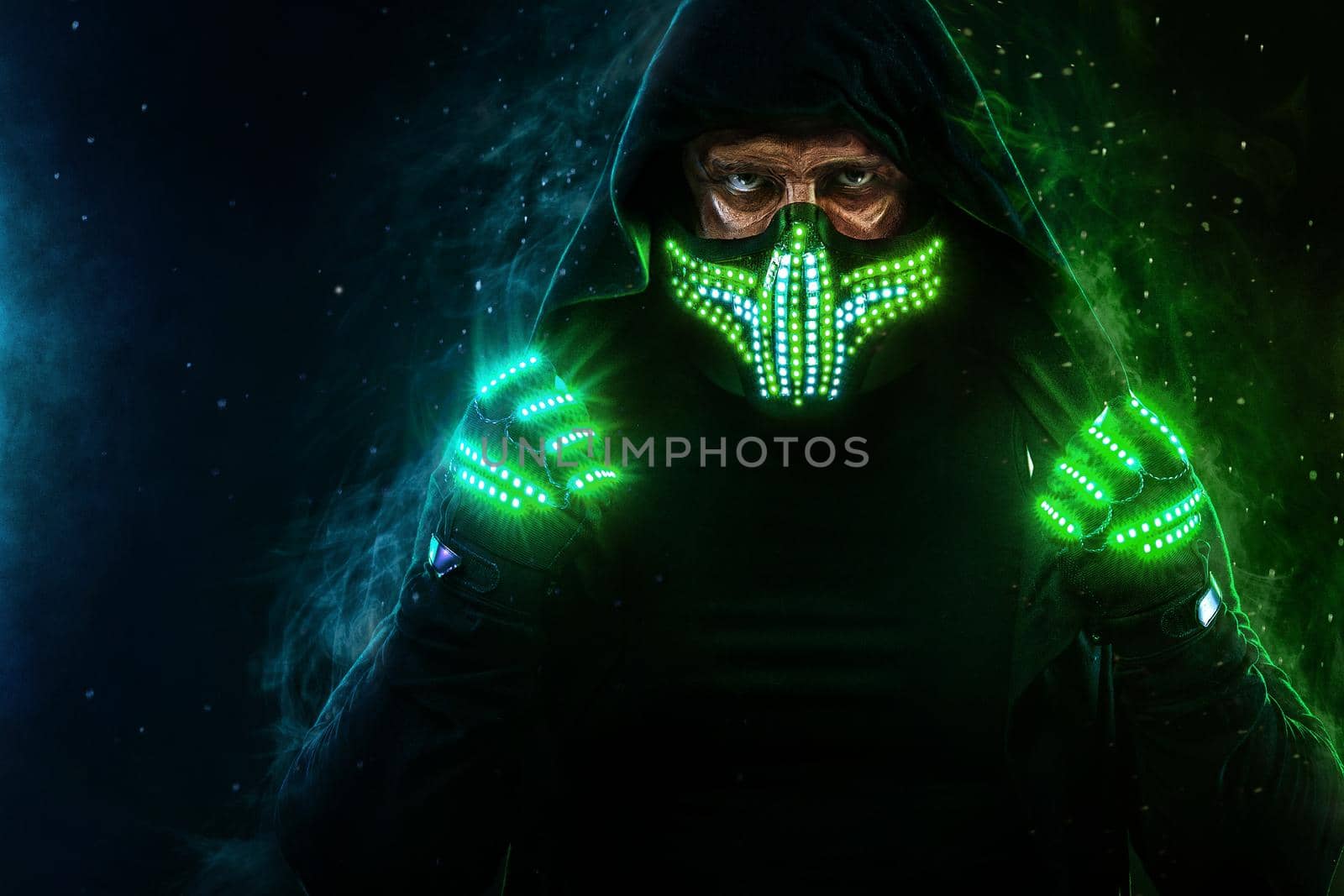 Mysterious man in black wear, neon mask and gloves. Character pastor or wizard in robe from the future. Assassin with strong face expression. Fantasy book or computer game cover concept. by MikeOrlov