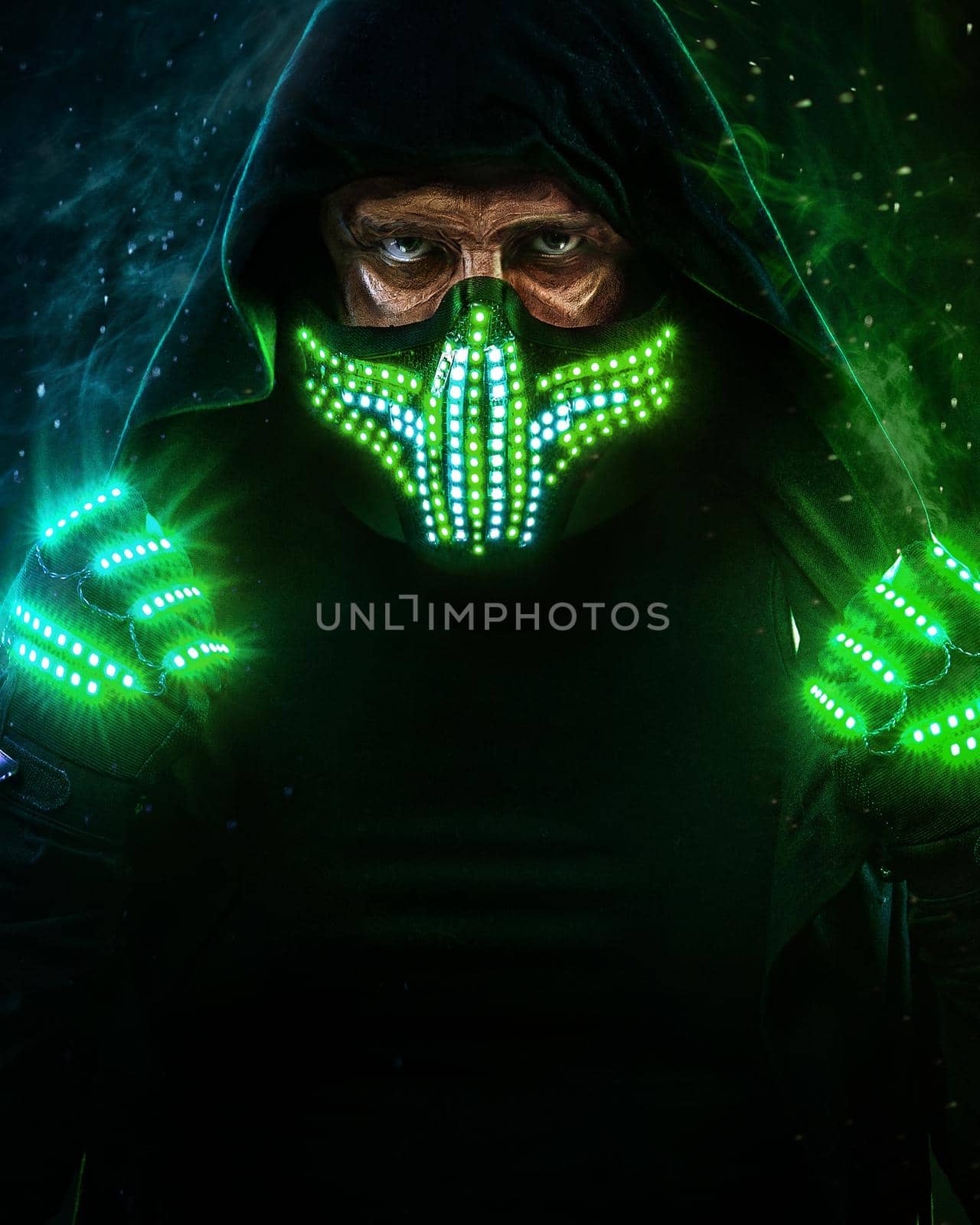 Mysterious man in black wear, neon mask and gloves. Character pastor or wizard in robe from the future. Assassin with strong face expression. Fantasy book or computer game cover concept. by MikeOrlov