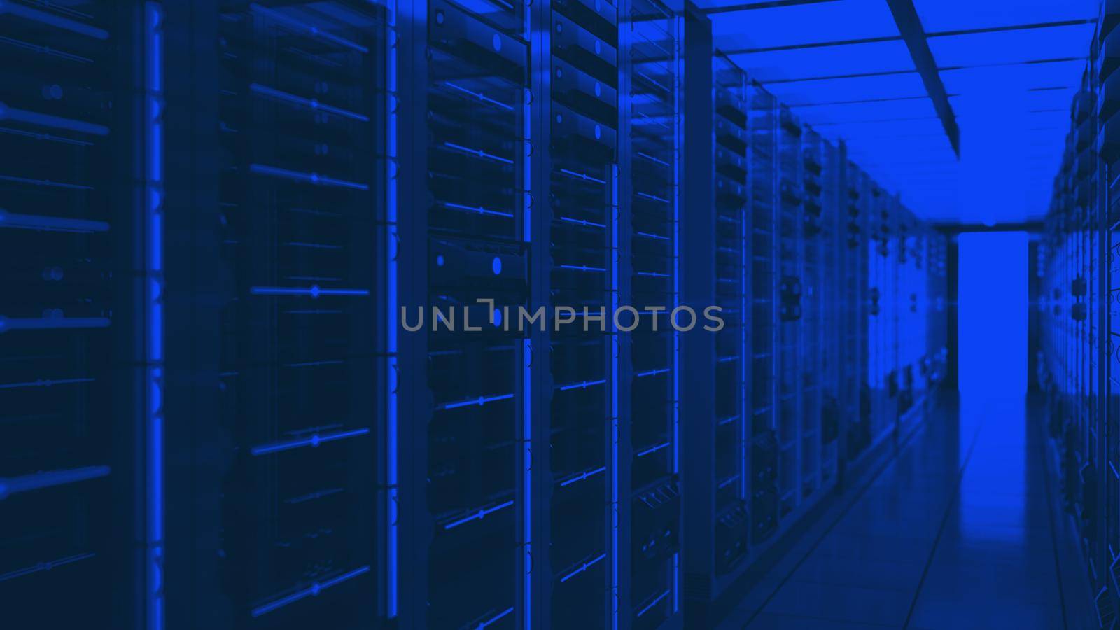 Server racks in computer network security server room data center. 3D render dark blue