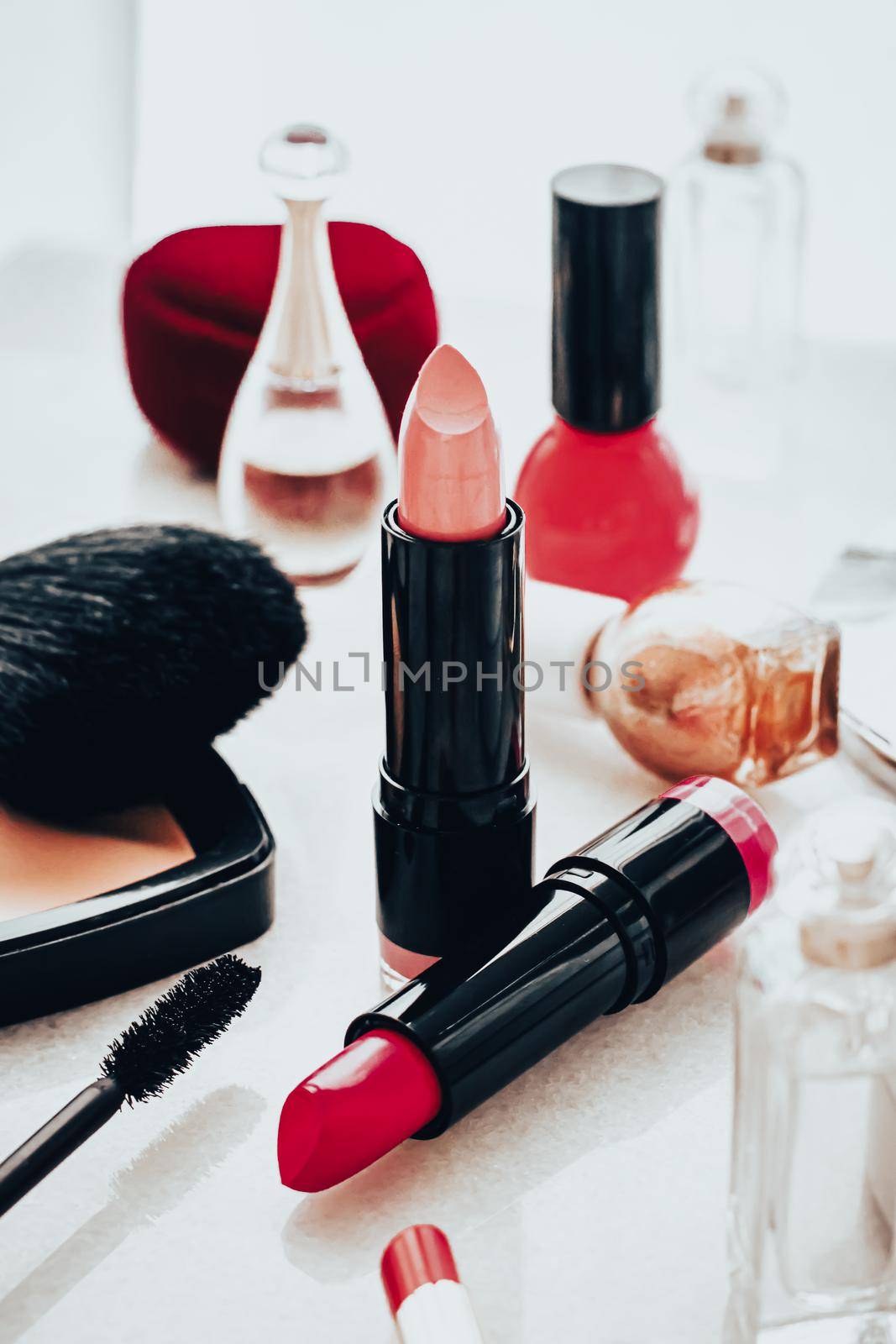 Beauty products and decorative cosmetics concept. Modern luxury make-up on vanity table as beauty blog background by Anneleven