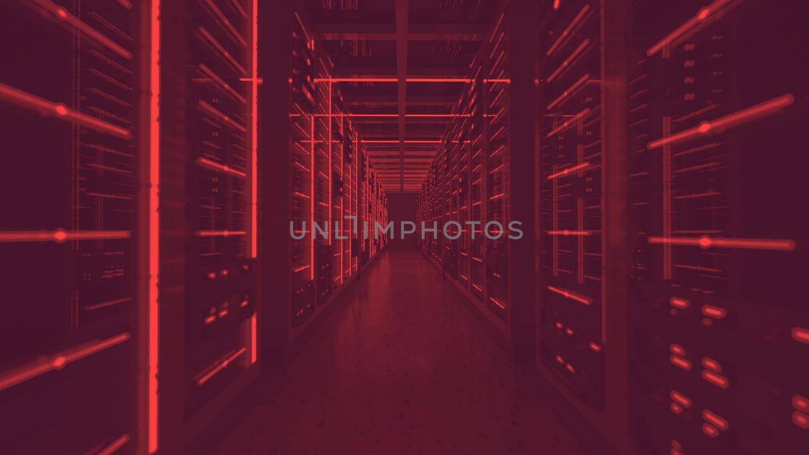 Server racks in computer network security server room data center red lights alert. 3D render
