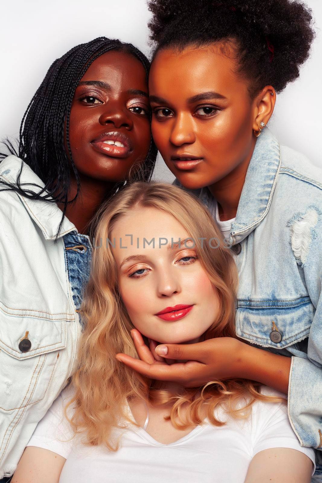 diverse multi nation girls group, teenage friends company cheerful having fun, happy smiling, cute posing isolated on white background, lifestyle people concept, african-american and caucasian close up