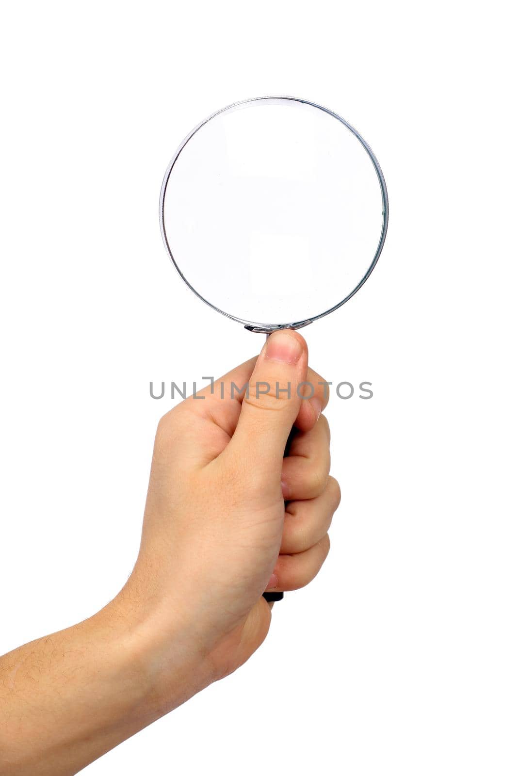 Magnifying glass in hand isolated on white background