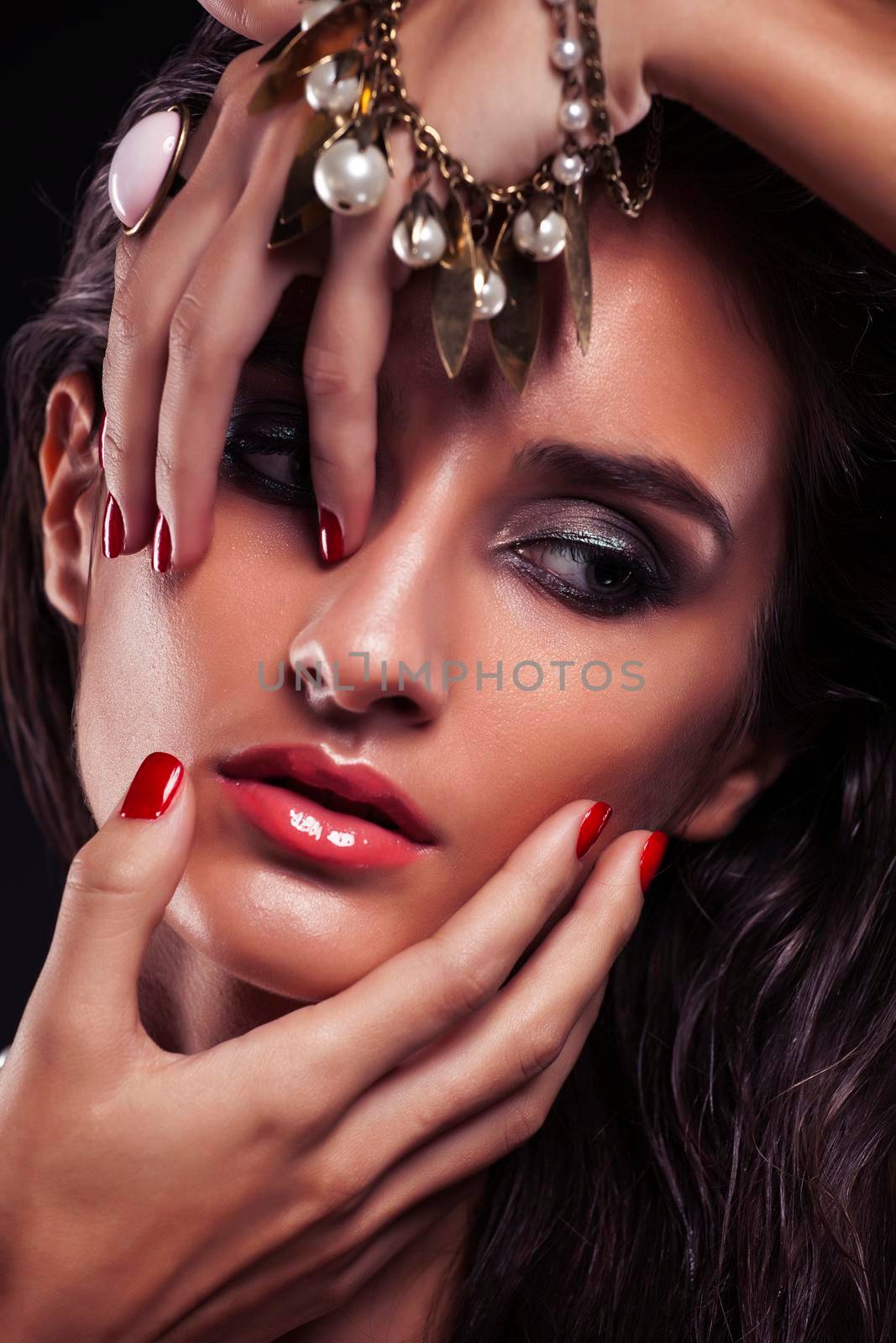beauty young sencual woman with jewellery close up, luxury portrait of rich real girl, party makeup by JordanJ