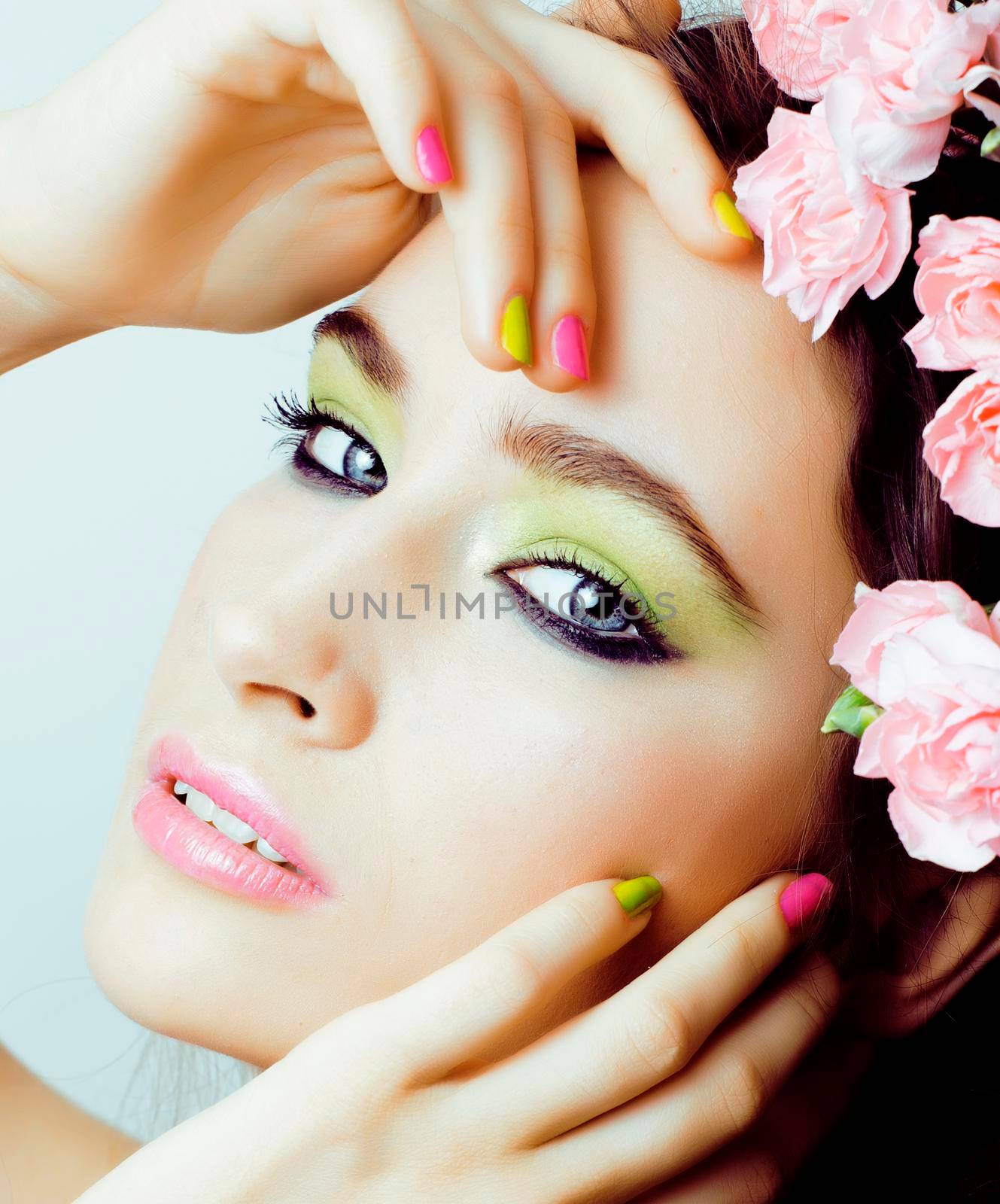 Beauty young woman with flowers and make up close up, real spring beauty girl floral pink manicure copyspace by JordanJ