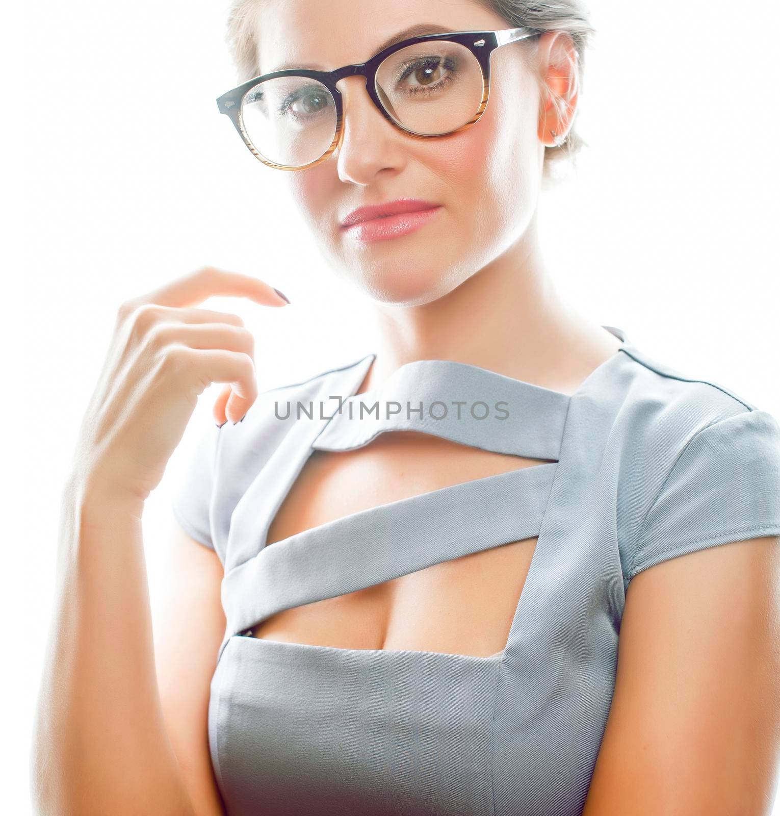 young pretty real brunette woman secretary in sexy dress wearing glasses isolated on white background pointing gesturing emotional cheerful lady close up