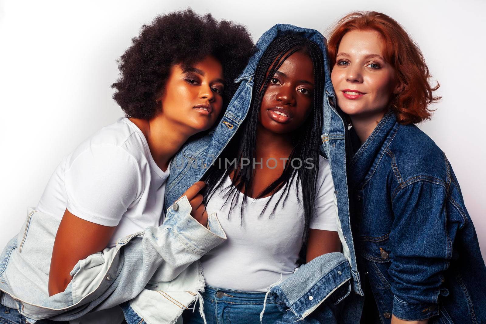 diverse multi nation girls group, teenage friends company cheerful having fun, happy smiling, cute posing isolated on white background, lifestyle people concept, african-american and caucasian close up