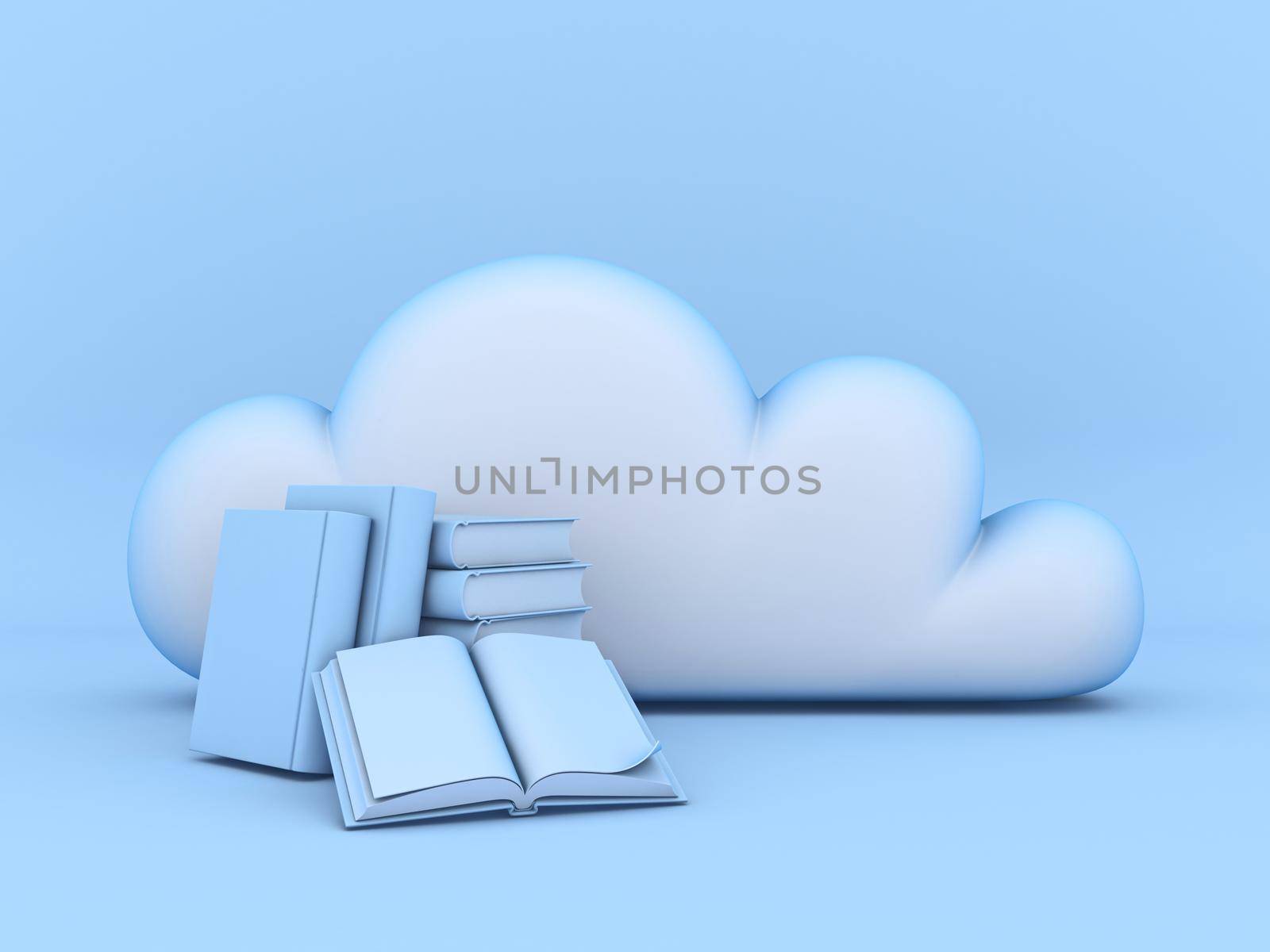 Cloud concept online books 3D rendering illustration isolated on blue background
