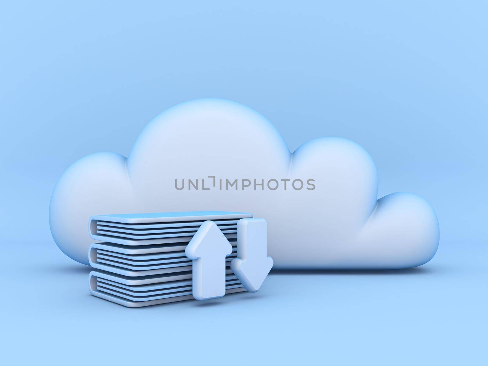 Cloud concept download and upload documents 3D rendering illustration isolated on blue background