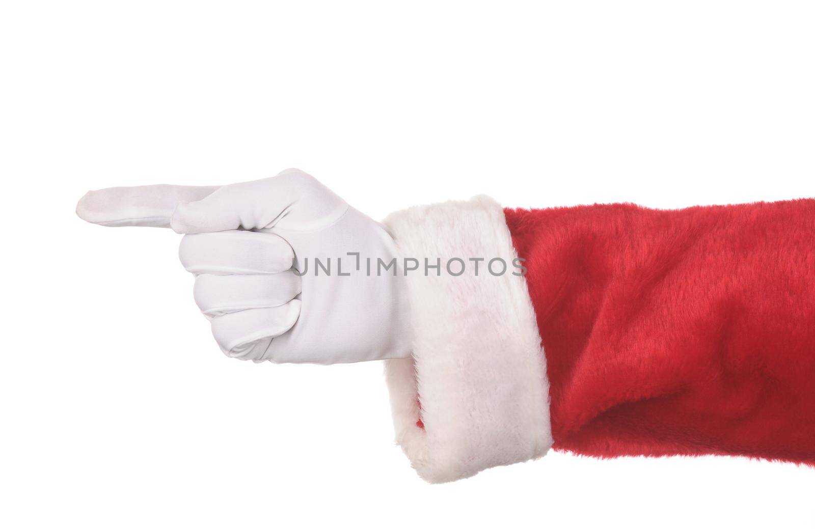 Santa Claus pointing his fingers isolated over white. Hand and arm only in horizontal format. Image can be rotated in any direction to fit your design.