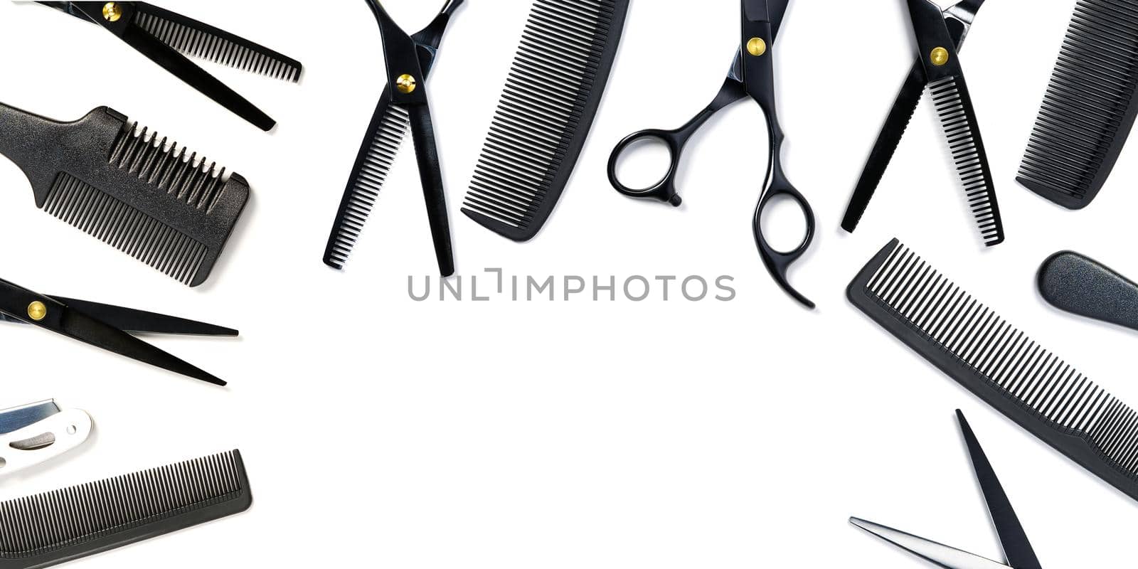 layout on white from scissors and combs for hairdressing services, isolated copy space