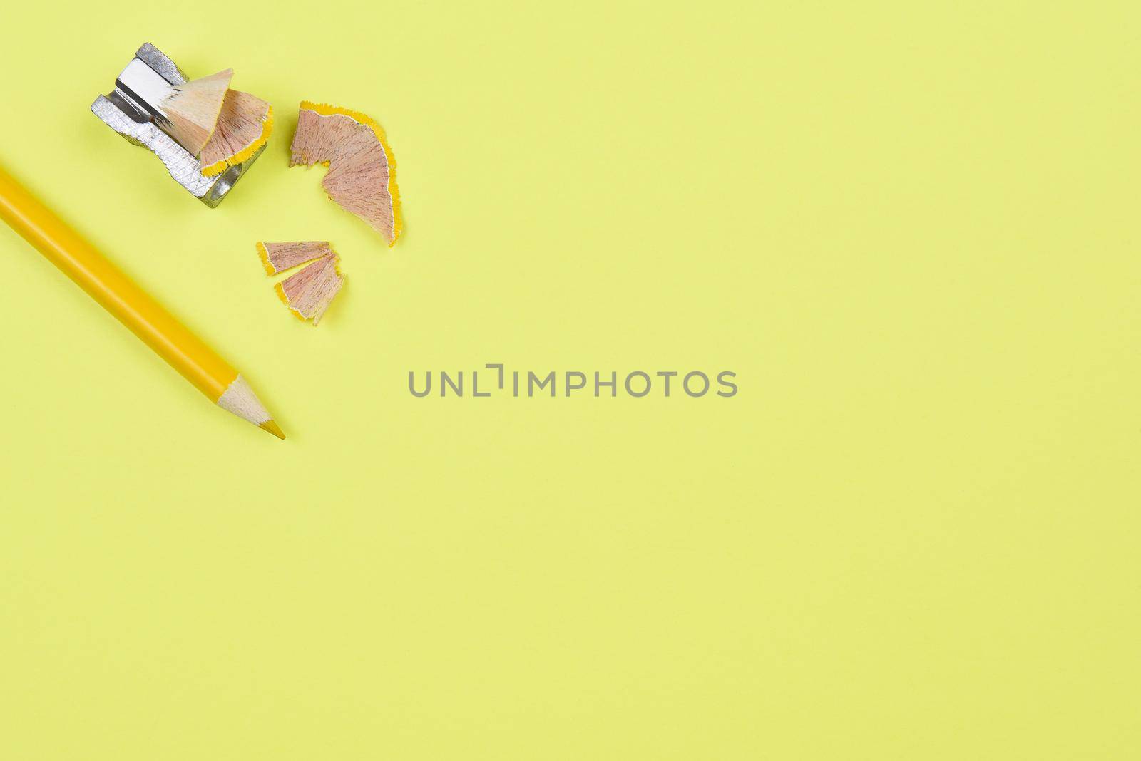 Yellow Pencil and Sharpener on a yellow background. The pencil with shavings is shot from a high angle with copy space. Back to School theme.