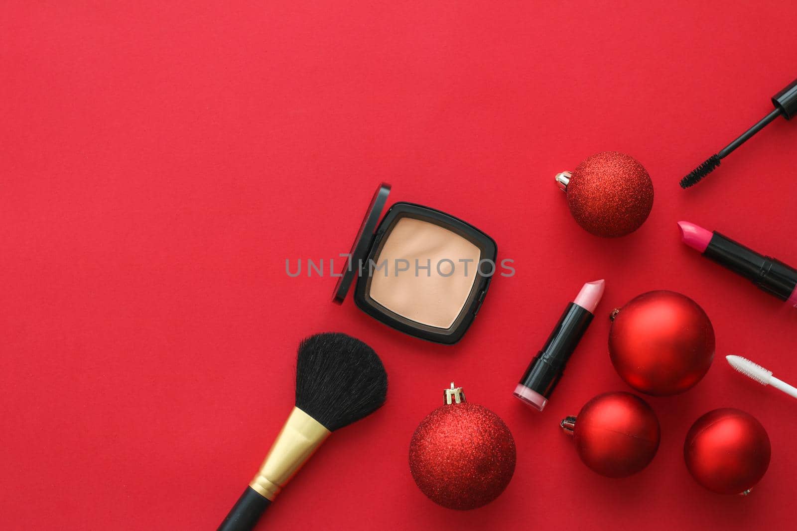 Cosmetic branding, fashion blog cover and girly glamour concept - Make-up and cosmetics product set for beauty brand Christmas sale promotion, luxury red flatlay background as holiday design